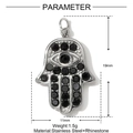 Macro view of Hamsa Hand stainless steel pendant with black rhinestones, size 11x19mm - Hamsa Hand with Black Rhinestone (YH040)