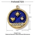 Detailed view of sun and heart engraved stainless steel pendant with blue enamel - Royal Blue Enamel Star Theme Round Pendant (YH161-1)