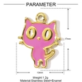 Detail view of 17mm x 13mm pink enamel cat pendant with golden edges and stainless steel - Pink Cat (YH143-2)