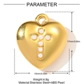 Detail showing dimensions of golden heart pendant with pearl cross and stainless steel tag - Artificial Pearl Cross Heart Style (YH726)