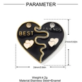 Detail view of heart-shaped Best Friends puzzle pendant in stainless steel with dimensions - Black and White Heart Style (YH827)