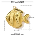 Polished gold stainless steel fish pendant charm showing precise 21mm by 19mm dimensions - Tropical Fish Style (YH846)