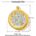 Detail view of 14mm gold stainless steel round pendant with rhinestones and Roman numerals - Roman Numeral Disc Style (YH891)
