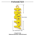Detail showing dimensions and specifications for the yellow enamel Happy pendant charm - Yellow HAPPY Style (YH909-2)