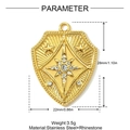Detailed view of a gold shield pendant with rhinestones and product size 28x22mm - Star Shield with Rhinestones (YH999)
