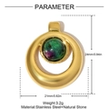 Detailed view of round gold stainless steel pendant with green natural stone and dimensions - Round Style Ruby in Zoisite (YH1146-2)