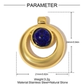 Detail view of gold stainless steel ring pendant with blue natural stone and size specs - Round Style Lapis Lazuli (YH1146-3)