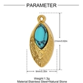 Détail macro d'un pendentif vintage doré avec pierre naturelle bleue et dimensions - Style Marquise Turquoise (YH1147-2)