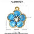Detail view of a 15x13mm light blue enamel daisy pendant with rhinestone and gold trim - Blue Five-Petal Rhinestone Flower Style (YH1192-3)