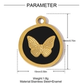 Detail view of a 18mm round butterfly pendant made of stainless steel and black enamel - Round Butterfly Style (YH1263)