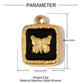 Detail of square gold-plated stainless steel pendant with black enamel and butterfly - Square Butterfly Style (YH1264)