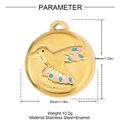 Gold stainless steel hummingbird charm with pink and blue enamel detailing and dimensions - 3D Hummingbird Round Plate Style (YH1330)