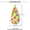 Detail view of water drop rose pendant in green enamel showing 36x16mm dimensions - Pink Rose Drop Style (YH1335-3)
