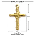 Detailed view of a gold cross pendant with rose relief, size 31mm x 19mm in stainless steel - Vintage Rose Cross (XF234) / 5 Pieces