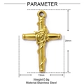 Detail view of a 20mm x 13mm golden stainless steel cross pendant with a rose and vine - Small Rose Cross (XF236) / 5 Pieces