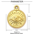 Detailansicht des Evil Eye Sonnenanhängers aus Edelstahl Gold mit Maßen und Gewicht - Böser Blick Sonne Stil (XF205)