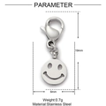 Detail view of silver stainless steel smiley face charm with size and weight parameters - Silver Smiley Lobster Clasp (XF544-1)
