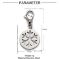 Macro view of a 24mm stainless steel snowflake charm pendant with lobster clasp and dimensions - Snowflake Hollow Round Plate (XF542-1)