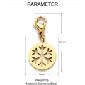 Detailed dimension view of gold snowflake charm with lobster clasp in stainless steel - Snowflake Hollow Round Plate (XF542-2)