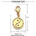 Dessin technique d'un pendentif Tai Chi en or acier inoxydable avec mesures et fermoir mousqueton - Yin Yang Doré (XF517-2)