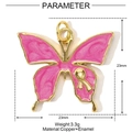 Pink glitter enamel butterfly charm with copper gold ribbon detail and technical dimensions - Pink Glitter Butterfly Style (YE925)
