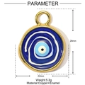 Detail view of round blue evil eye enamel pendant with gold copper bail and dimensions - Dark Blue Evil Eye (YE942-4)