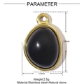 Detail view of oval black natural stone pendant with gold stainless steel frame and dimensions - Black Waterdrop Style (XF603-2)