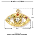 Detail of a 16mm gold stainless steel evil eye pendant with colorful rhinestones - Golden Evil Eye (YE1010)