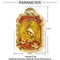 Detailed view of gold stainless steel flamingo pendant with enamel and red rhinestones - Orange Flamingo (YE1020-2)