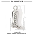 Macro detail of silver boot pendant with sparkling rhinestones and sizing metrics - Silver 6 Rhinestones Boot Style (YE1092-1)
