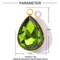 Detail showing 18x11mm emerald green teardrop crystal pendant in gold stainless steel frame - Emerald Green Style (YE1315-4)