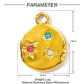 Detail of a 14mm gold stainless steel round pendant featuring three colored rhinestones - Round Star Embossed Style (YE1420)