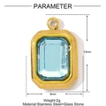 Macro view of gold stainless steel rectangular pendant with a light blue glass gemstone - Light Blue Rectangular Gem Style (YE1421-4)