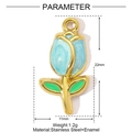 Detailed view of light blue enamel tulip pendant with golden stainless steel leaves - Light Blue Tulip (YE1136-3)