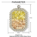 Macro view of rectangular stainless steel pendant with amber glass stones and beaded border - Silver Edge Yellow Gradient Style (YE1422-1)