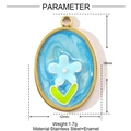 Detail view of oval stainless steel enamel pendant with blue flower, 18mm by 12mm size - Sky Blue Oval Flower (YE1137-3)