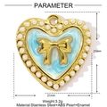 Detailed view of heart pearl pendant with dimensions and stainless steel material specs - Light Blue Heart Bow (YE1177-2)