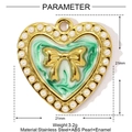 Detailed parameter view of 21mm heart pendant with pearls, enamel, and golden bow - Pale Green Heart Bow (YE1177-3)