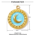 Macro detail of a 14mm stainless steel moon pendant with blue enamel and gold finish - Blue Crescent Moon Disc Style (YE1461-3)