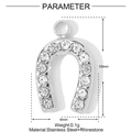 Macro detail of horseshoe charm in stainless steel with crystal pavé and size dimensions - Silver Rhinestone Horseshoe Style (YF384-1)