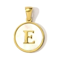 Detail showing letter E round shell pendant with gold plating and white mother of pearl - Letter E Style (YF367-E)