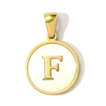 Macro detail of round golden pendant with white shell inlay and 3D letter F engraving - Letter F Style (YF367-F)