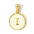 Macro view of a gold-plated stainless steel round pendant featuring a white shell letter I - Letter I Style (YF367-I)
