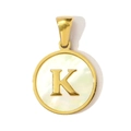 Detail of a round gold pendant with white shell inlay featuring the capital letter K - Letter K Style (YF367-K)