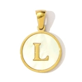 Detailed view of circular gold pendant featuring letter L on mother of pearl inlay - Letter L Style (YF367-L)