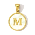 Detailed macro of gold M letter pendant with white shell inlay on stainless steel circle - Letter M Style (YF367-M)