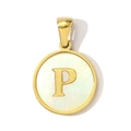 Detail of round shell letter P pendant in gold stainless steel with a white pearl base - Letter P Style (YF367-P)