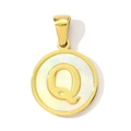 Detail shot of golden stainless steel round pendant with shell inlay and letter Q - Letter Q Style (YF367-Q)
