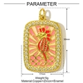 Detailed close-up of a gold rectangle seahorse pendant with zircons and enamel - Seahorse Pattern Pendant (YF544)