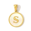 Detailed macro view of a round gold pendant with white mother of pearl and letter S inlay - Letter S Style (YF367-S)